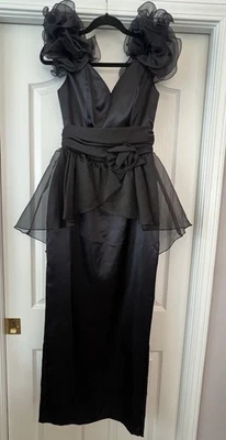 Vtg 80s Black Puff Prom Party Evening Dress Rose Satin 7/8 Small USA Formal - Image 1 of 4