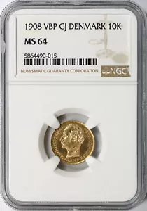 1908 VBP GJ Dinamarca oro 10 coronas NGC MS64 - Imagen 1 de 4