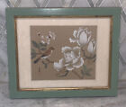 Tapis de cadre vintage Chinoiserie fleurs d'oiseau aquarelle soie 9 5/8""X11,5""T signé