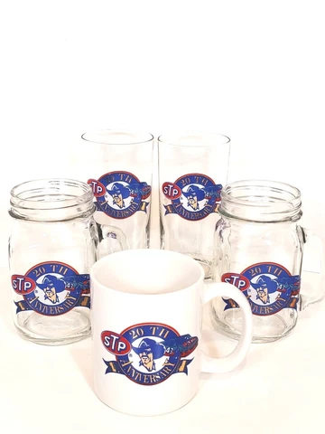 Richard Petty STP 20th Anniversary 5 Collectable Drinking Glasses Mason Jars mug Cover