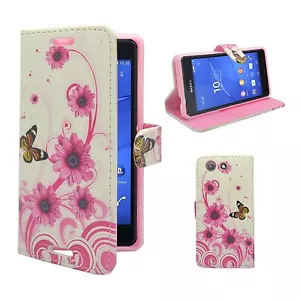 Hülle Für Sony Xperia Z3 Mini Weiß Pink Wirbel Blume Schmetterling PU Leder Etui - Bild 1 von 5