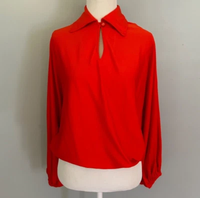 Винтажный 70-х годов моды красный оранжевый длинным рукавом блузка w на пуговицах воротник носить на работу S/M - Изображение 1 из 4