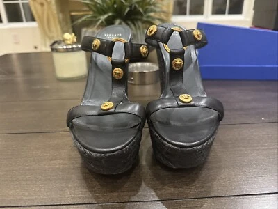 Versace Medusa Gold Studded Black Leather Platform Wedge Sandals 41 - Image 1 of 4