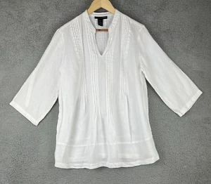 Grace Elements White Linen Top Pullover Size 0X Deep V Neck 3/4 Sleeve - Picture 1 of 9