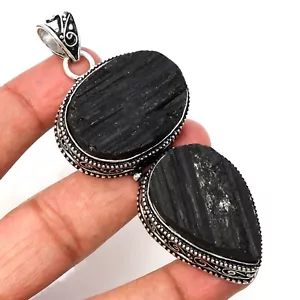 Black Tourmaline Gemstone 925 Sterling Silver Handmade Jewelry pendant 2.7" - Picture 1 of 7