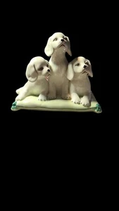 MID CENTURY ITALIAN MAJOLICA 3 PORCELAIN DOGS ON A PILLOW FIGURE HANDPAINTED ART - Picture 1 of 10