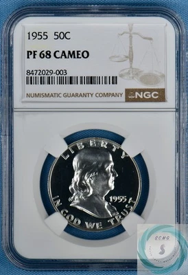 1955 Franklin Half Dollar NGC PF68  CAMEO  - Superb Gem++ Frosty!!! - Image 1 of 4