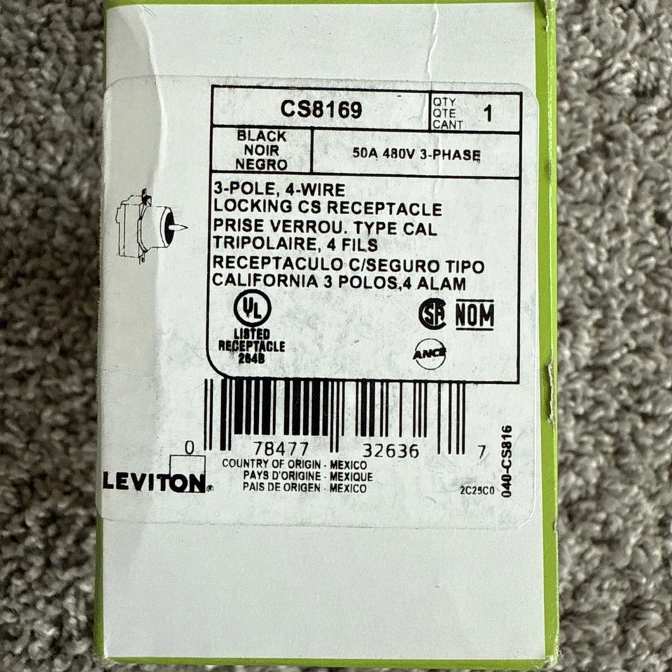 🔥Leviton CS8169 50 Amp 3PY 480 VAC Receptáculo de montaje empotrado con bloqueo negro/blanco Foto 1 de 4