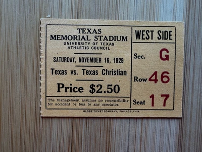 Boleto de fútbol americano 1929 Texas Longhorns vs TCU Horned Frogs SWC estadio conmemorativo Foto 1 de 2