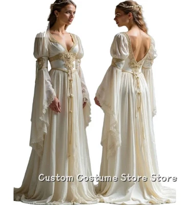 Vestido de novia medieval manga larga cuello en V victoriano dorado encaje elegante boda Foto 1 de 4