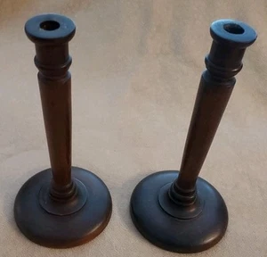Pair (2) VTG Solid Wood Taper Candlestick Holders 12” tall ~ Old Dark Stain - Picture 1 of 12