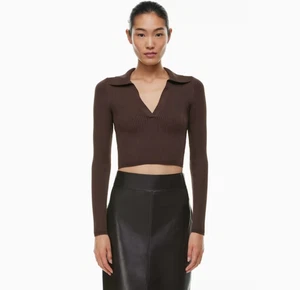 Babaton Aritzia Top Women Sculpt Knit Polo Longsleeve Rich Mocha Brown Size L - Bild 1 von 8