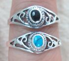 925 STERLING SILVER Small Oval Turquoise & Black Onyx Filigree Dome ring sz N P
