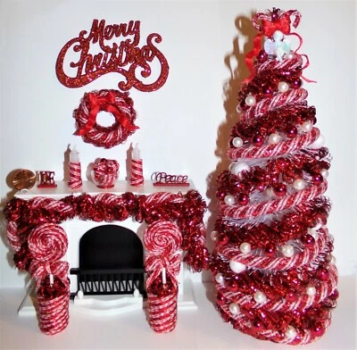 DOLLHOUSE MINIATURES 9"LIGHTED RED CANDY-CANE CHRISTMAS TREE +ORNAMENTS 1:12 NEW - Image 1 of 4