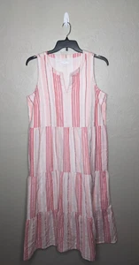 J. Jill Womens Large Pink White Stripe Cotton Lined V-Neck Maxi Dress Pockets - Picture 1 of 7
