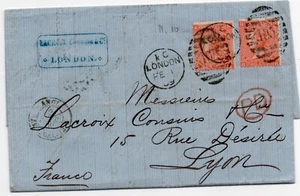 1869 QV FINE 4d x 2 VERMILION STAMP PLATE 10 ON LONDON WRAPPER TO LYON FRANCE - Picture 1 of 4