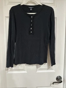 American Living Women's MED Long Sleeve Henley Top Black Lace Accent EUC - Picture 1 of 6