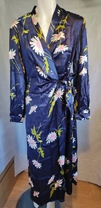 FINERY blue floral satin long sleeve side tie V neck long wrap dress size 12 NEW - Picture 1 of 4