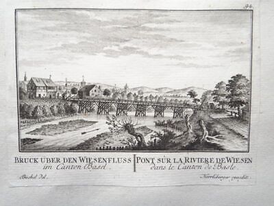 Brücke Wiesenfluss Kt. Basel - Kupferstich Herrliberger Landschaft Schweiz 1756 • 5€