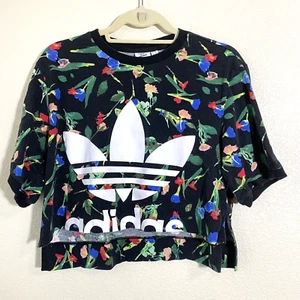 Adidas Womens Shirt Size Small Floral Cropped Black Flawed - Picture 1 of 7