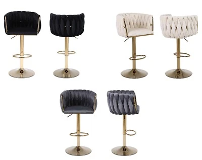 Set of 2 Velvet Woven Adjustable High Swivel Breakfast Bar Pub Home Stool Chair - Image 1 of 4