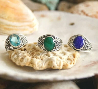 Vintage Art Ring 925er Silber 50 54 55 57 58 Saphir Blau Smaragd Grün Blautopas  - Bild 1 von 4