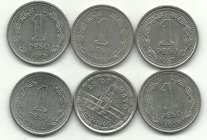 LOT 6 HIGHER GRADE BIMETAL ARGENTINA 1 PESO-1957,(2)1958,1959,1960,1962-JAN383 - Picture 1 of 2