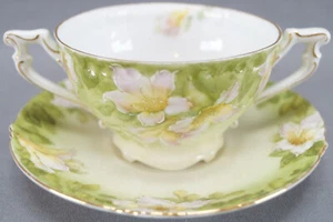 Royal Bayreuth Tettau Pink Azalea & Green Bouillon Cup & Saucer C. 1900 - 1940s - Picture 1 of 12