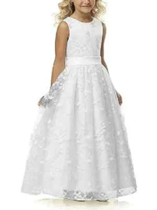 Mädchen Kleid Prinzessin Maxi Blumenkleider Hochzeit Ärmellos Weiß - Picture 1 of 3