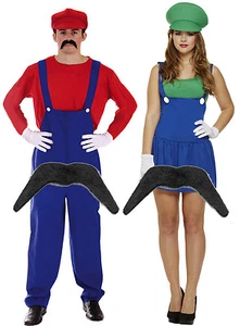 Mens Mario + Ladies Luigi Couples 80s Plumber Fancy Dress Costume + Moustache - Picture 1 of 1