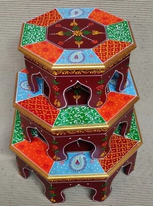 Wood Bajot Chowki Handcrafted Painted Beautiful Set of 3 Chowki Bajot - Picture 1 of 5