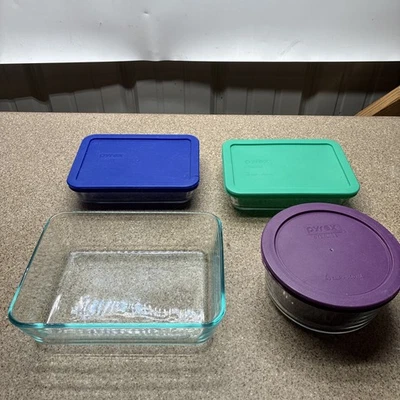 4 Pyrex Glass Dishes 4 Pc Set 7210 3 cup 7211 6 cup 4 Cup 7201 Circle Rectangle - Image 1 of 4
