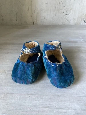 Chaussures Bebe Anciennes En Velours Bleu  - Photo 1/4
