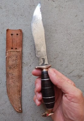 FACA DE COMBATE DE CAÇA VINTAGE MEXICANA CABEÇA DE ÁGUIA DO MÉXICO GRAVADA COM BAINHA RARA - Imagem 1 de 4