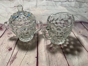 Fostoria American Cube Glass Large Cream Pitcher and Sugar Bowl with Lid Glass - Picture 1 of 13