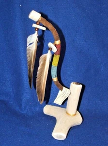 Tubo de pie con cuerno de alce Lg con envoltura de cuentas 11,5" de alto hecho en nativos americanos AS10 - Imagen 1 de 2