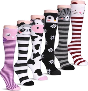 TRUEHAN 6 Pairs Girls Knee High Socks 3-12 Years Cartoon Animals Warm Cotton Lon - Picture 1 of 12