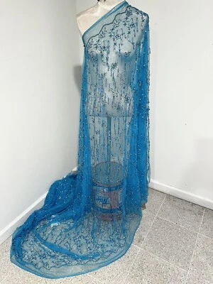 Turquoise Silver 3D Fringe Beaded Sequin Embroidery Lace Fabric 50” Width 1 Yard - Image 1 of 4