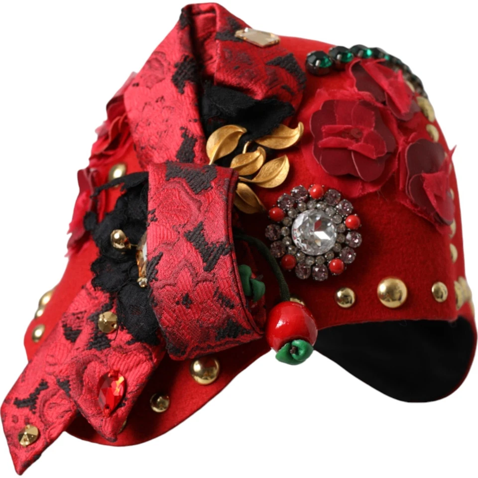 Broche DOLCE & GABBANA chapéu vermelho cristal ouro rosas enfeitado tamanho único 2500usd - Imagem 1 de 4