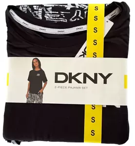 DKNY 2 Piece Pajama Set Womens Small Black Short Sleeve Crew Neck Logo Pockets - Picture 1 of 10