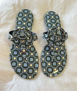 Tory Burch | SZ 8.5 Miller Sandal Chambray Blue Geometric Patent Leather Thong - Picture 1 of 9