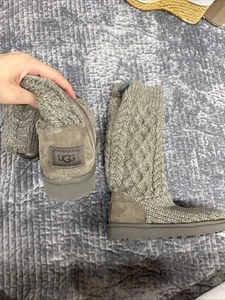 NEW WOMENS SIZE 6 GREY UGG CLASSIC CARDI CABLED KNIT TALL BOOTS 1146010 $160 - Picture 1 of 8