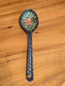 Polish Pottery Boleslawiec Tablespoon Spoon Floral Blue Waves 7 Inch Wall Decor - Picture 1 of 10