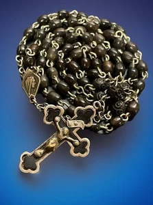 Vintage Catholic Black Cocoa Wood Petite Rosary, Laminated Clover Crucifix - Picture 1 of 6