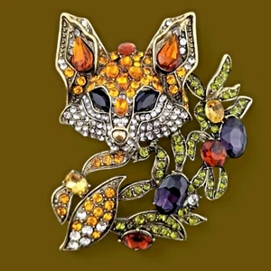 GROSSE FUCHS BROSCHE Floral Spray Kitsune Herbst Kristall Strass Tier Pin 6W - Bild 1 von 6