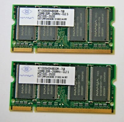  Lot of 2 Nanya 128MB DDR-266MHZ - PC2100S-25330 RAM - NT128D64SH4B0GM-75B - 28 - Image 1 of 2