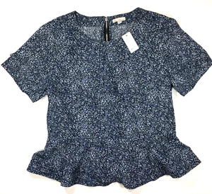 GAP SHIRT Womens 12 Blouse Cotton Navy Print Peplum Short Sleeve Back Full Zip - Picture 1 of 11