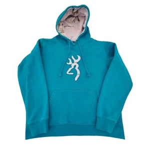 Vintage Browning Hoodie Women's XL Teal Blue & Light Pink Camo Hooded Sweatshirt - Picture 1 of 24
