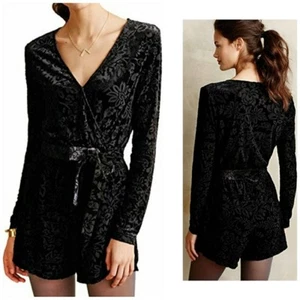 Saylor Anthropologie Black Velvet Burnout Floral Long Sleeve Romper Size M - Picture 1 of 8