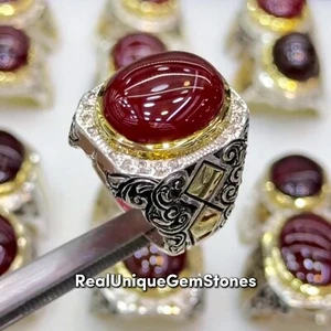Royal Yemeni Mens Brown Agate Ring Sterling 925 Silver Aqeeq Haqeeq Ring - Picture 1 of 10